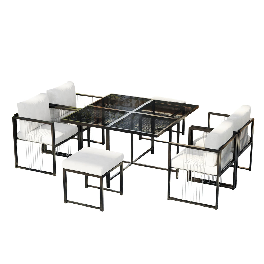 Séville | Ensemble repas 7 pièces, 4 fauteuils cordés et 2 poufs, table verre trempé