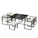 Séville | Ensemble repas 7 pièces, 4 fauteuils cordés et 2 poufs, table verre trempé