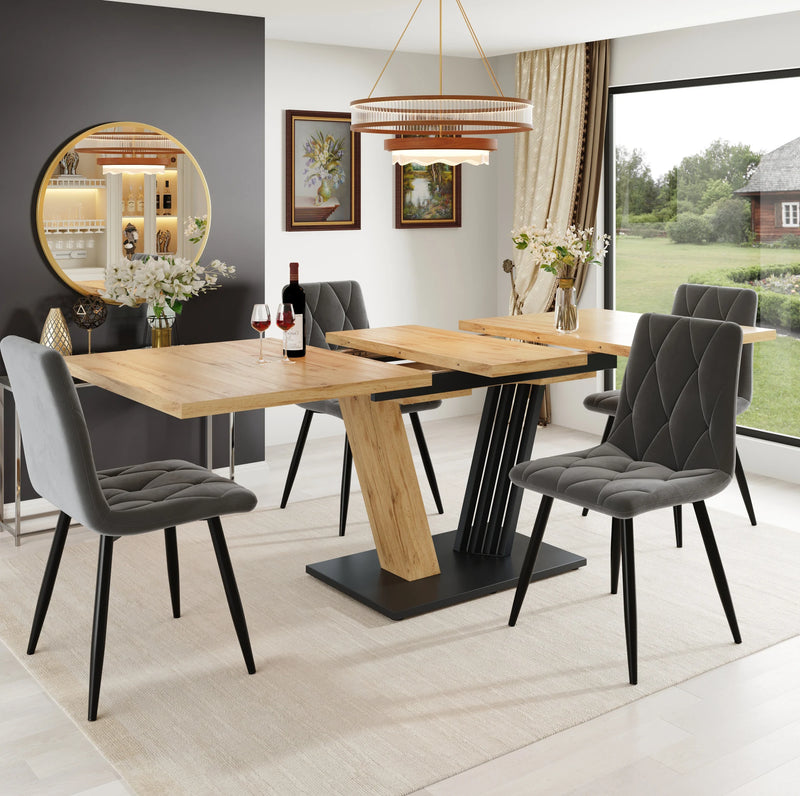 Ambiance | Ensemble table extensible et 4 chaises velours gris, 5 pièces