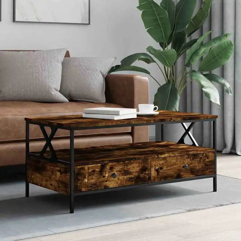 Chalet | Table basse en bois avec 2 tiroirs et étagère, cadre métallique