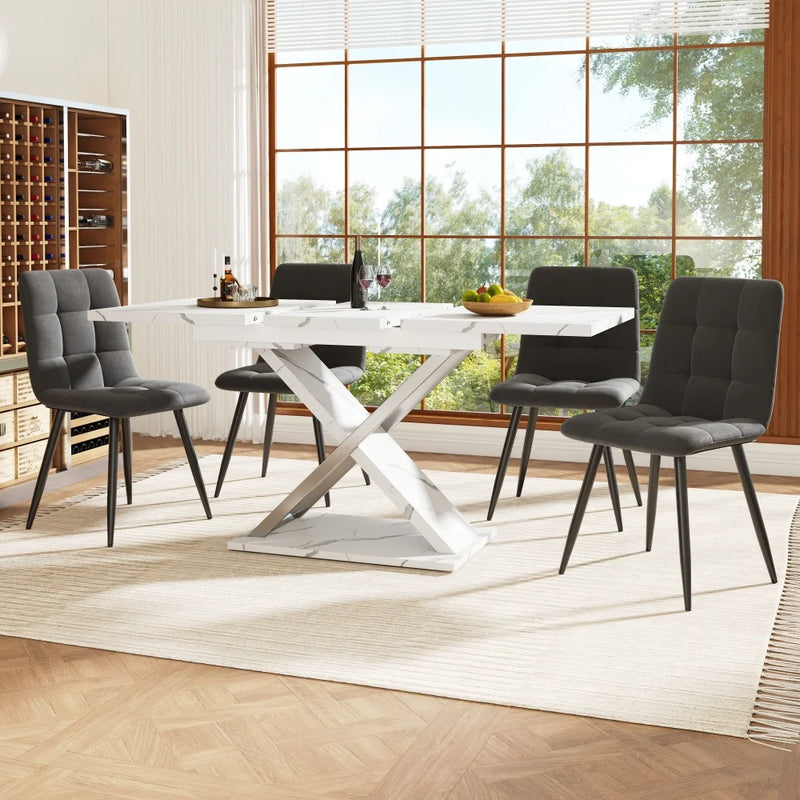 Marbella | Table de salle à manger extensible, plateau effet marbre, piétement croisé