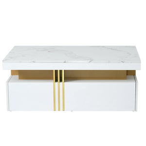 Éclipse | Table basse rectangulaire effet marbre haute brillance, 2 tiroirs bois, 100x50x40 cm