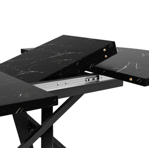Carrare | Table de salle à manger ronde extensible, plateau effet marbre, piétement acier noir en X