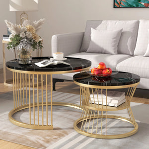 Duo Ébène | Duo de tables gigognes rondes effet marbre, piétement métal noir