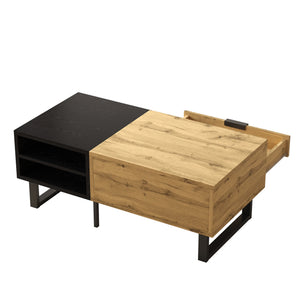 Contraste | Table basse noire et bois avec tiroir et 3 compartiments