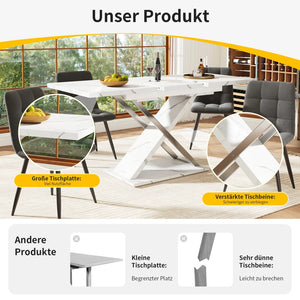 Marbella | Table de salle à manger extensible, plateau effet marbre, piétement croisé