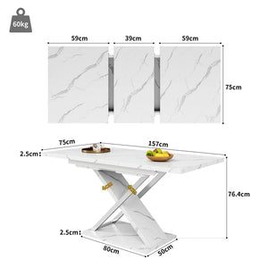 Marbella | Table de salle à manger extensible, plateau effet marbre, piétement croisé