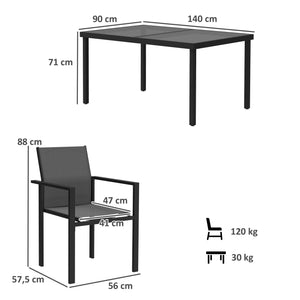 Onyx - Table de jardin verre trempé avec 4 chaises empilables noires