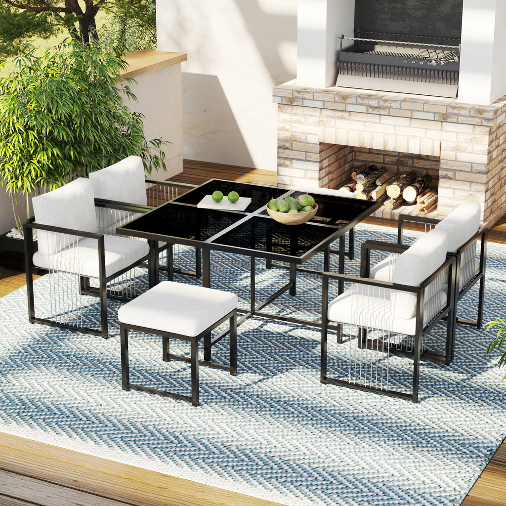 Séville | Ensemble repas 7 pièces, 4 fauteuils cordés et 2 poufs, table verre trempé