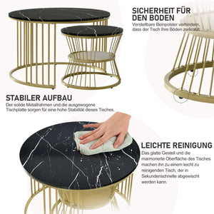 Duo Ébène | Duo de tables gigognes rondes effet marbre, piétement métal noir