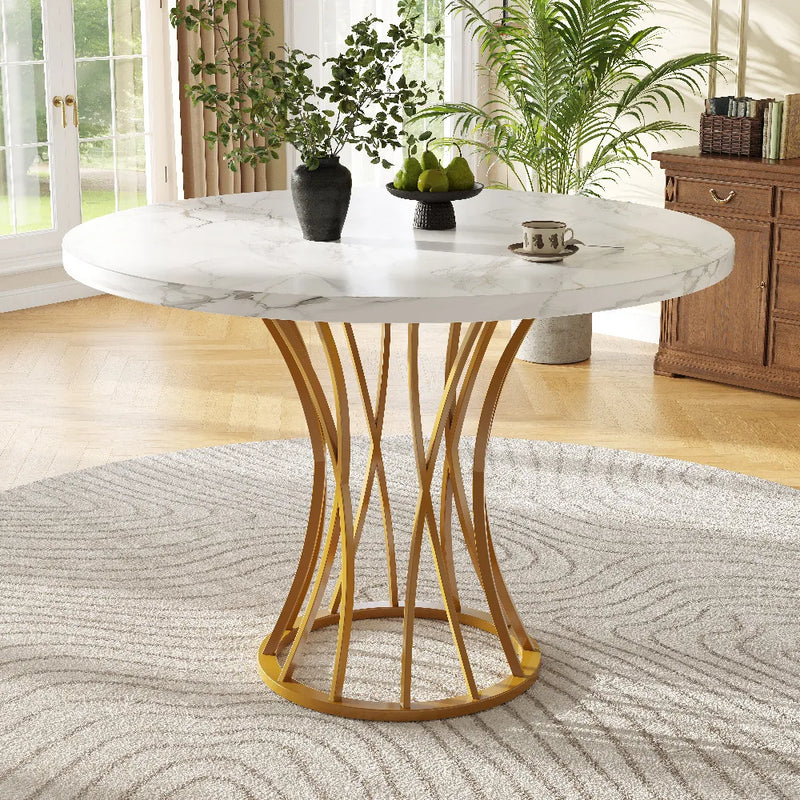 Elyséa | Table de salle à manger ronde, plateau effet marbre, piétement acier