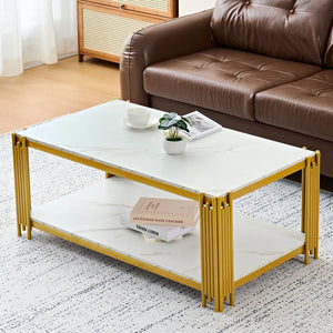 Domino | Table basse rectangulaire bicolore effet marbre, piétement métal, 114x64x46 cm