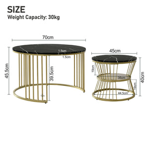 Duo Ébène | Duo de tables gigognes rondes effet marbre, piétement métal noir