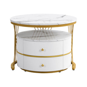 Reflet | Duo de tables gigognes rondes effet marbre brillant, 2 tiroirs