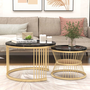 Duo Ébène | Duo de tables gigognes rondes effet marbre, piétement métal noir