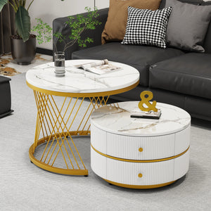 Reflet | Duo de tables gigognes rondes effet marbre brillant, 2 tiroirs