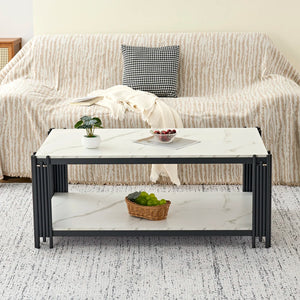 Domino | Table basse rectangulaire bicolore effet marbre, piétement métal, 114x64x46 cm