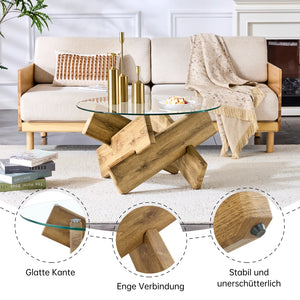 Cristal | Table basse ronde en verre trempé, base croisée imitation bois