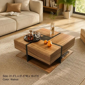 78×78×36cm Black Wood Grain Square Coffee Table with 4 Drawers & Lower Storage Shelf, Particle Board Construction, Max Load 50kg, Unique Color Line Pattern Design