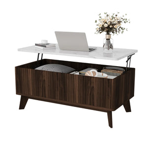 Ascension | Table basse relevable effet marbre et chêne clair, rangement intégré, 105x84x42 cm