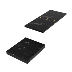 Carrare | Table de salle à manger ronde extensible, plateau effet marbre, piétement acier noir en X