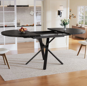 Carrare | Table de salle à manger ronde extensible, plateau effet marbre, piétement acier noir en X
