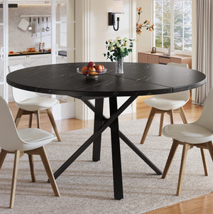 Carrare | Table de salle à manger ronde extensible, plateau effet marbre, piétement acier noir en X