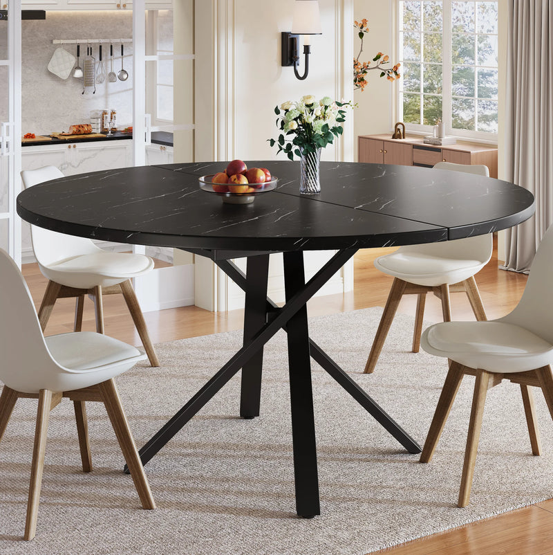 Carrare | Table de salle à manger ronde extensible, plateau effet marbre, piétement acier noir en X
