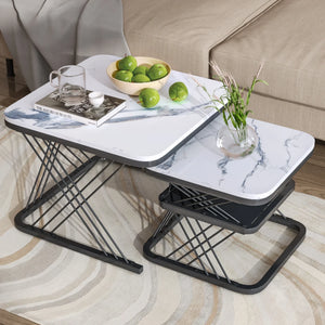 Duo Doré | Duo de tables basses effet marbre blanc, pieds dorés, 60 et 45 cm