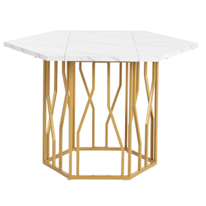Hexagone | Table basse hexagonale effet marbre, piétement branches dorées