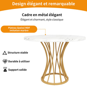 Elyséa | Table de salle à manger ronde, plateau effet marbre, piétement acier