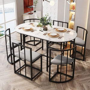 Élégante | Ensemble table blanche et 6 chaises velours gris, structure dorée