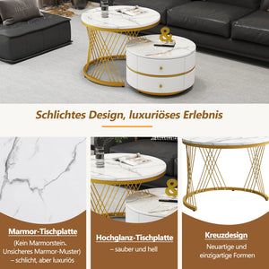 Reflet | Duo de tables gigognes rondes effet marbre brillant, 2 tiroirs