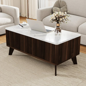Ascension | Table basse relevable effet marbre et chêne clair, rangement intégré, 105x84x42 cm