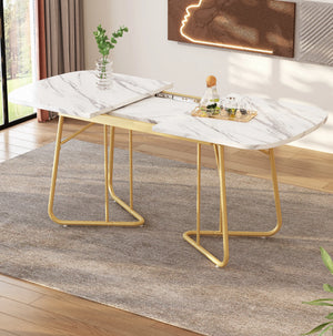 Athéna | Table de salle à manger extensible, plateau effet marbre blanc, pieds acier doré