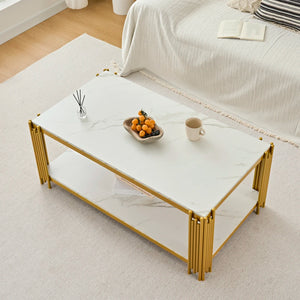 Domino | Table basse rectangulaire bicolore effet marbre, piétement métal, 114x64x46 cm