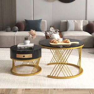 Duo Rotin | Duo de tables basses rondes effet marbre et rotin, tiroirs bois