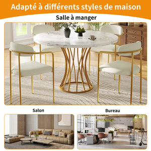 Elyséa | Table de salle à manger ronde, plateau effet marbre, piétement acier