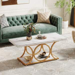 Manhattan | Table basse rectangulaire effet marbre blanc, pieds dorés, 118x56,5x48 cm