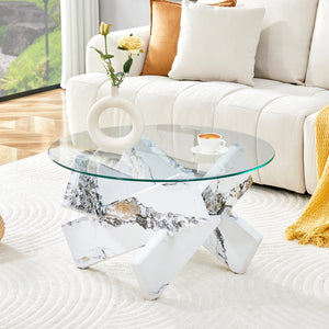 Verrière | Table basse ronde en verre trempé, base croisée imitation bois