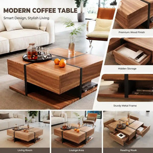 78×78×36cm Black Wood Grain Square Coffee Table with 4 Drawers & Lower Storage Shelf, Particle Board Construction, Max Load 50kg, Unique Color Line Pattern Design