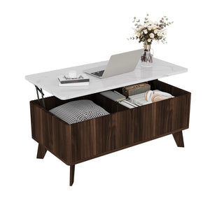 Ascension | Table basse relevable effet marbre et chêne clair, rangement intégré, 105x84x42 cm