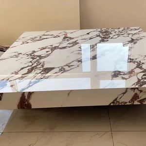 Titan | Table basse en pierre frittée effet marbre, piétement inox, plateau coulissant