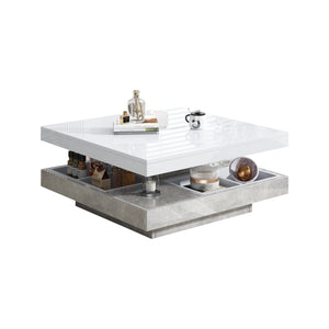 Pivot | Table basse pivotante à double plateau, effet marbre, blanc brillant, 70x70x36 cm