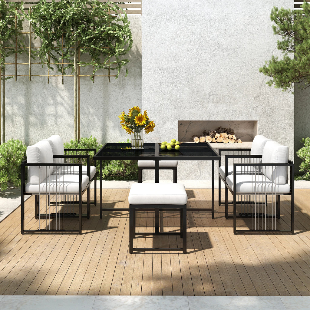 Séville | Ensemble repas 7 pièces, 4 fauteuils cordés et 2 poufs, table verre trempé