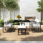 Séville | Ensemble repas 7 pièces, 4 fauteuils cordés et 2 poufs, table verre trempé