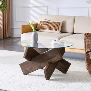 Verrière | Table basse ronde en verre trempé, base croisée imitation bois
