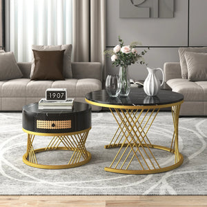 Duo Rotin | Duo de tables basses rondes effet marbre et rotin, tiroirs bois