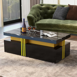 Éclipse | Table basse rectangulaire effet marbre haute brillance, 2 tiroirs bois, 100x50x40 cm