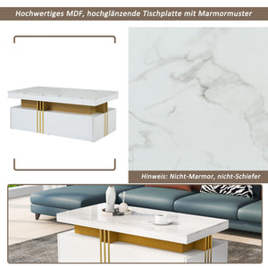 Éclipse | Table basse rectangulaire effet marbre haute brillance, 2 tiroirs bois, 100x50x40 cm